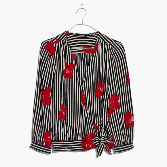 Madewell Wrap Top in Candied Orchids Black/White Striped Floral sz XL - Picture 5 of 10